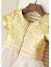 Short Sleeves Gold Sequin Ivory Tulle Knee Length Flower Girl Dress